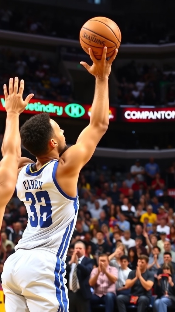 Stephen Curry shooting a three-pointer in a basketball game, with fans cheering in the background.